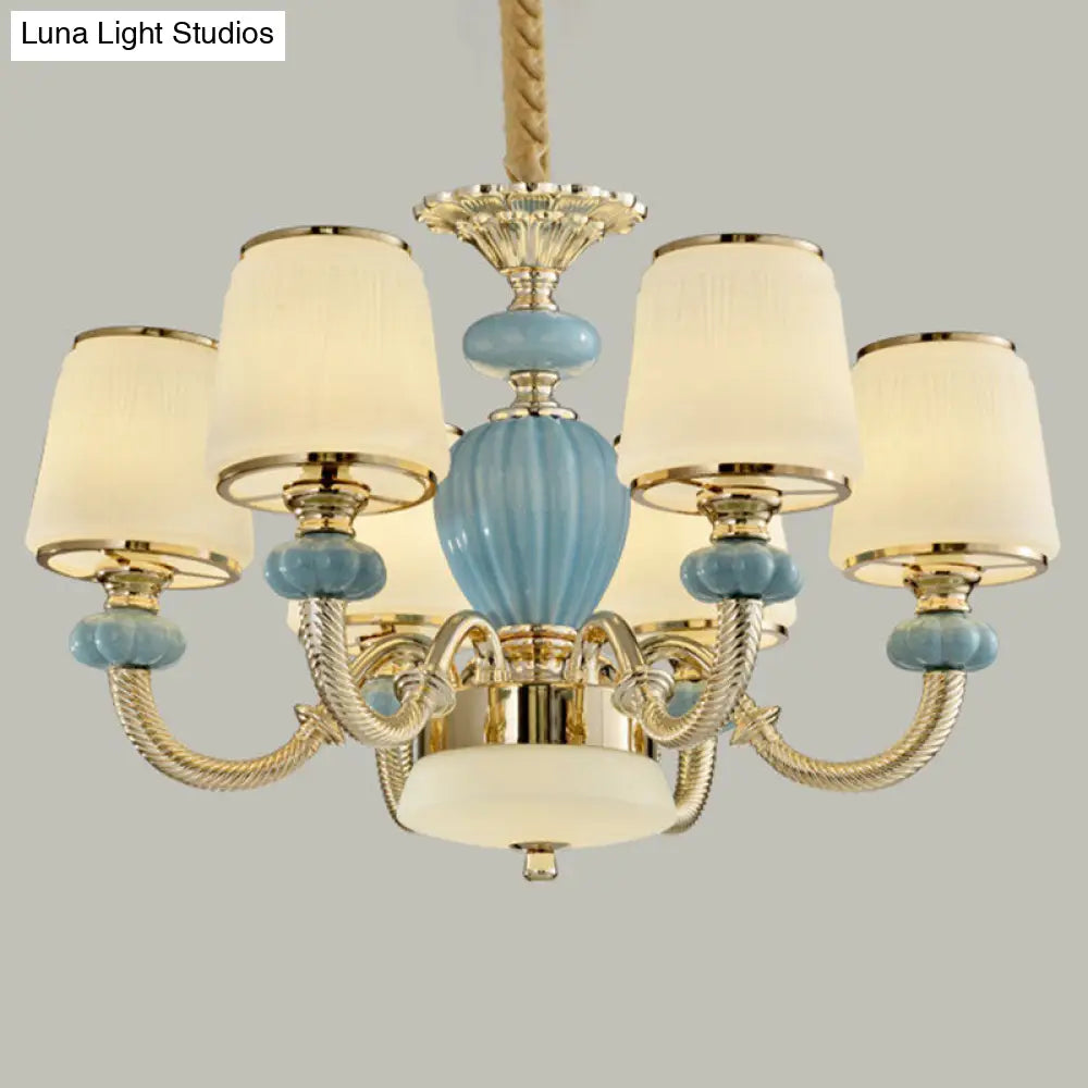 Blue Frosted Glass Barrel Chandelier For Living Room With Simple Ceramic Suspension Pendant 6 /