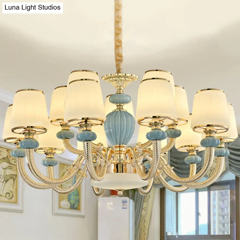 Blue Frosted Glass Barrel Chandelier For Living Room With Simple Ceramic Suspension Pendant