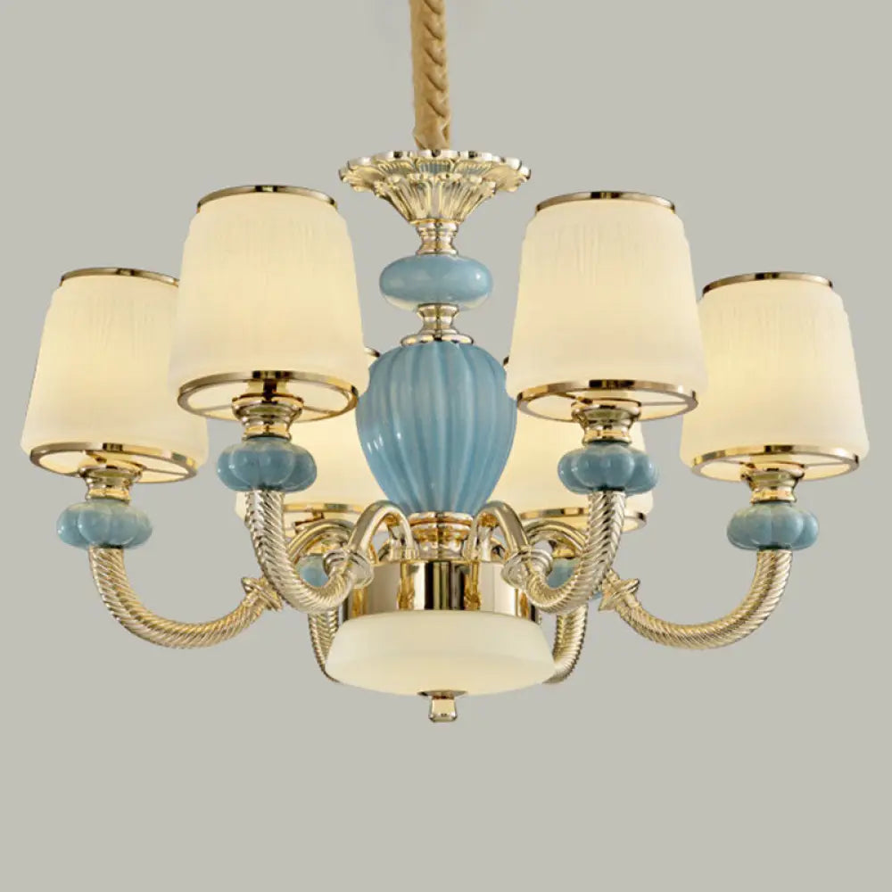 Blue Frosted Glass Barrel Chandelier - Simple Ceramic Suspension Pendant For Living Room 6 /