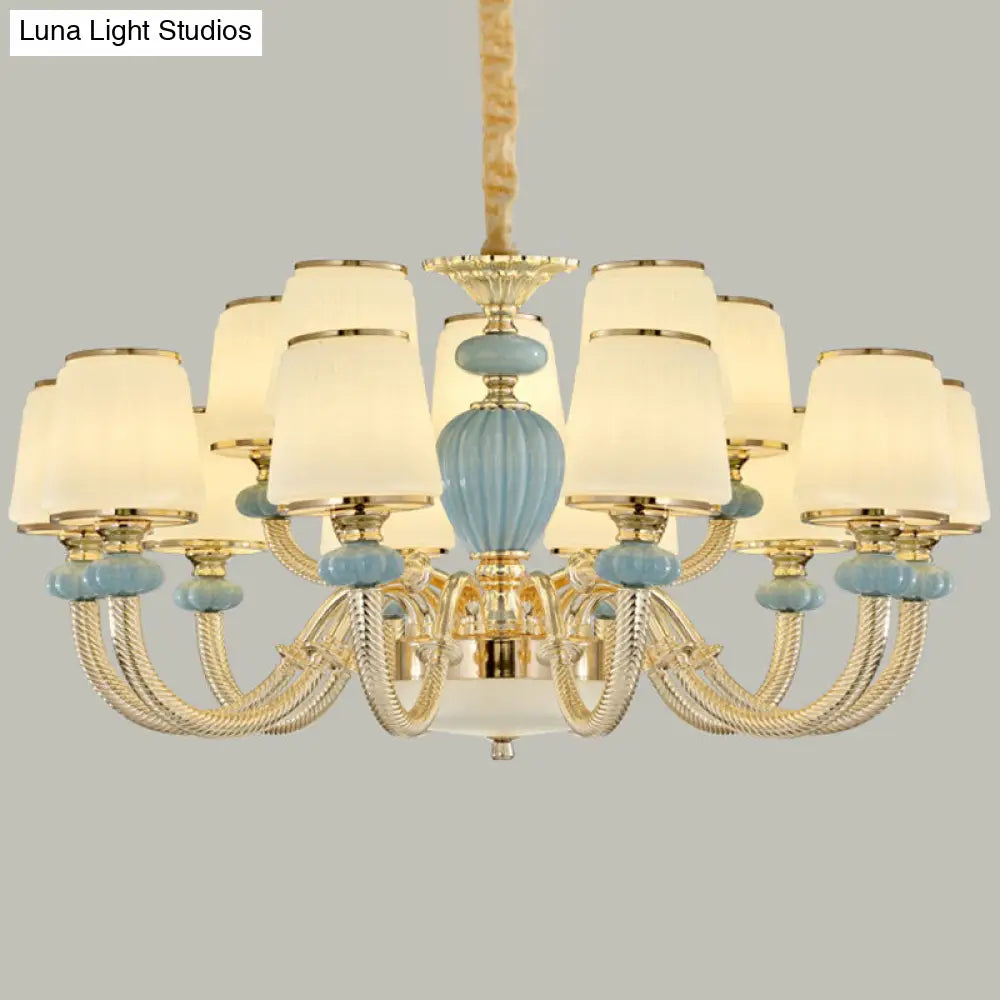 Blue Frosted Glass Barrel Chandelier - Simple Ceramic Suspension Pendant For Living Room