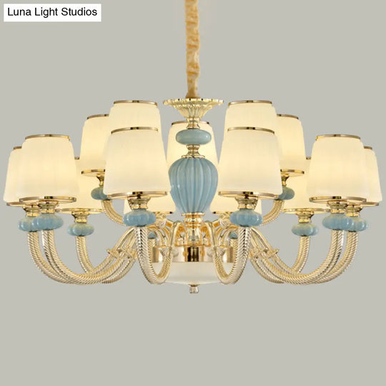 Blue Frosted Glass Barrel Chandelier - Simple Ceramic Suspension Pendant For Living Room