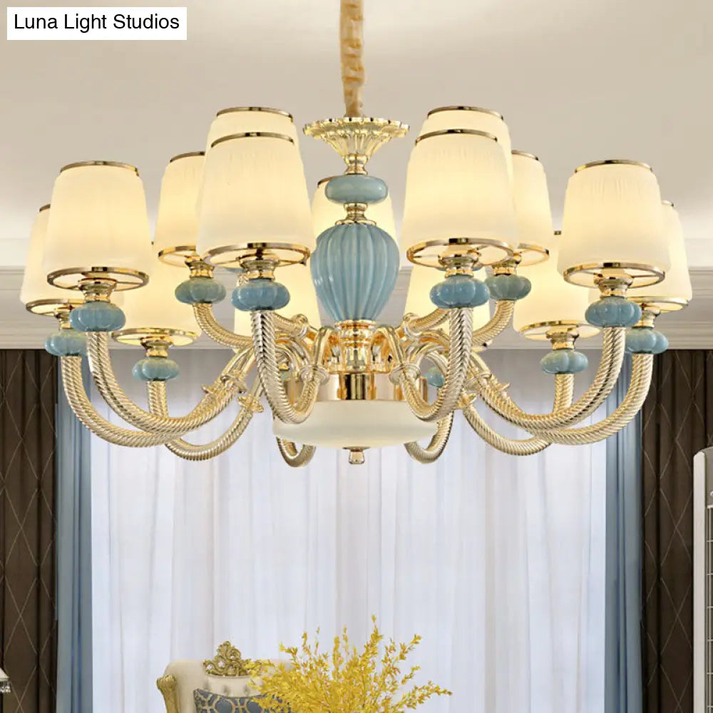 Blue Frosted Glass Barrel Chandelier For Living Room With Simple Ceramic Suspension Pendant 15 /