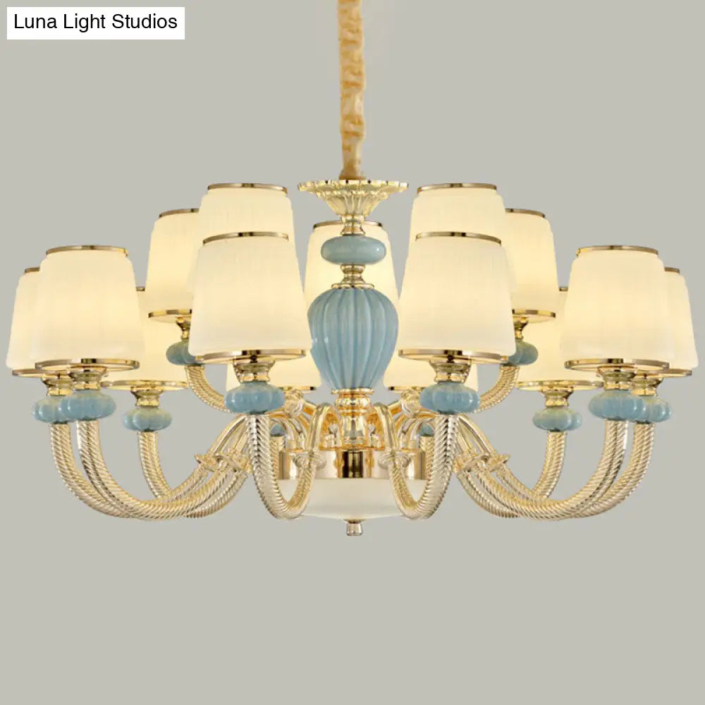 Blue Frosted Glass Barrel Chandelier For Living Room With Simple Ceramic Suspension Pendant