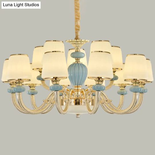 Blue Frosted Glass Barrel Chandelier For Living Room With Simple Ceramic Suspension Pendant