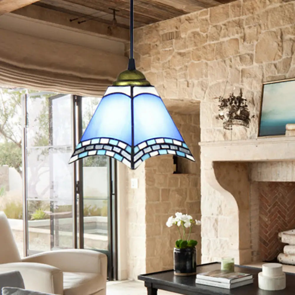 Blue Geometric Glass Ceiling Pendant Light - Mediterranean Style For Living Room