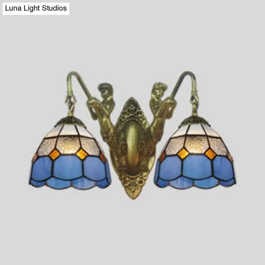 Blue Glass Antique Brass Sconce With 2 Dome Heads - Mediterranean Wall Light Fixture