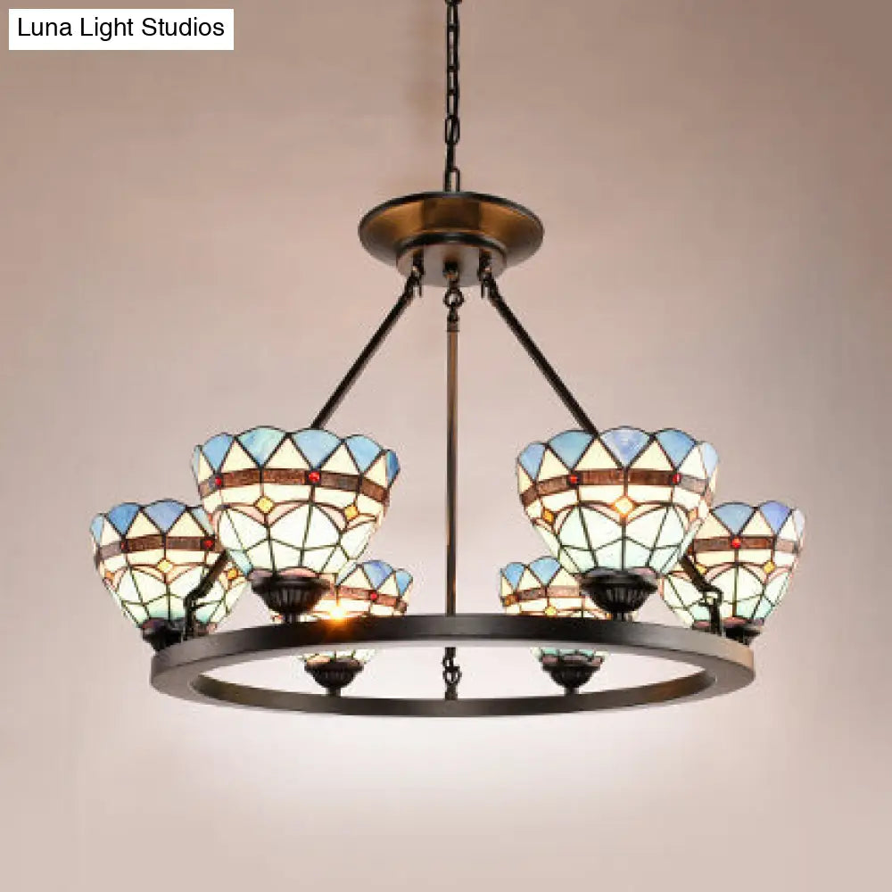 Blue Glass Baroque Chandelier - Antique Bronze Bowl Hanging Lamp With 6 Lights For Dining Room