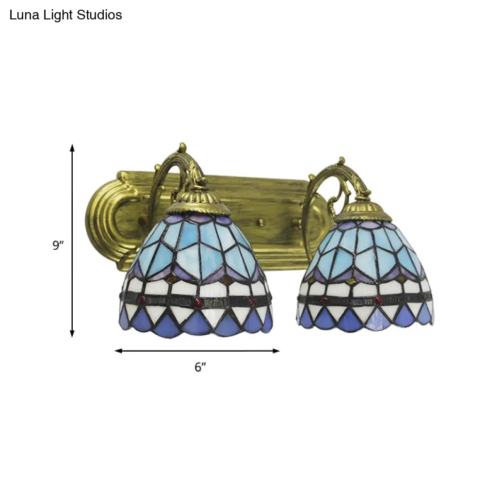 Blue Glass Baroque Dome Sconce Lamp: 2-Headed Wall Light For Bathroom