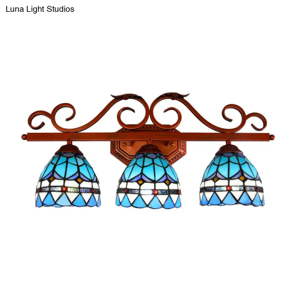 Blue Glass Bell Vanity Wall Light With Mediterranean Style And Copper Scroll Arm - 3 Bulbs Sconce