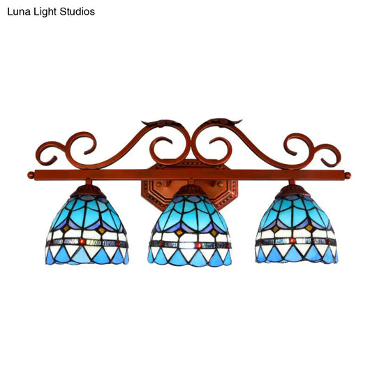 Blue Glass Bell Vanity Wall Light With Mediterranean Style And Copper Scroll Arm - 3 Bulbs Sconce