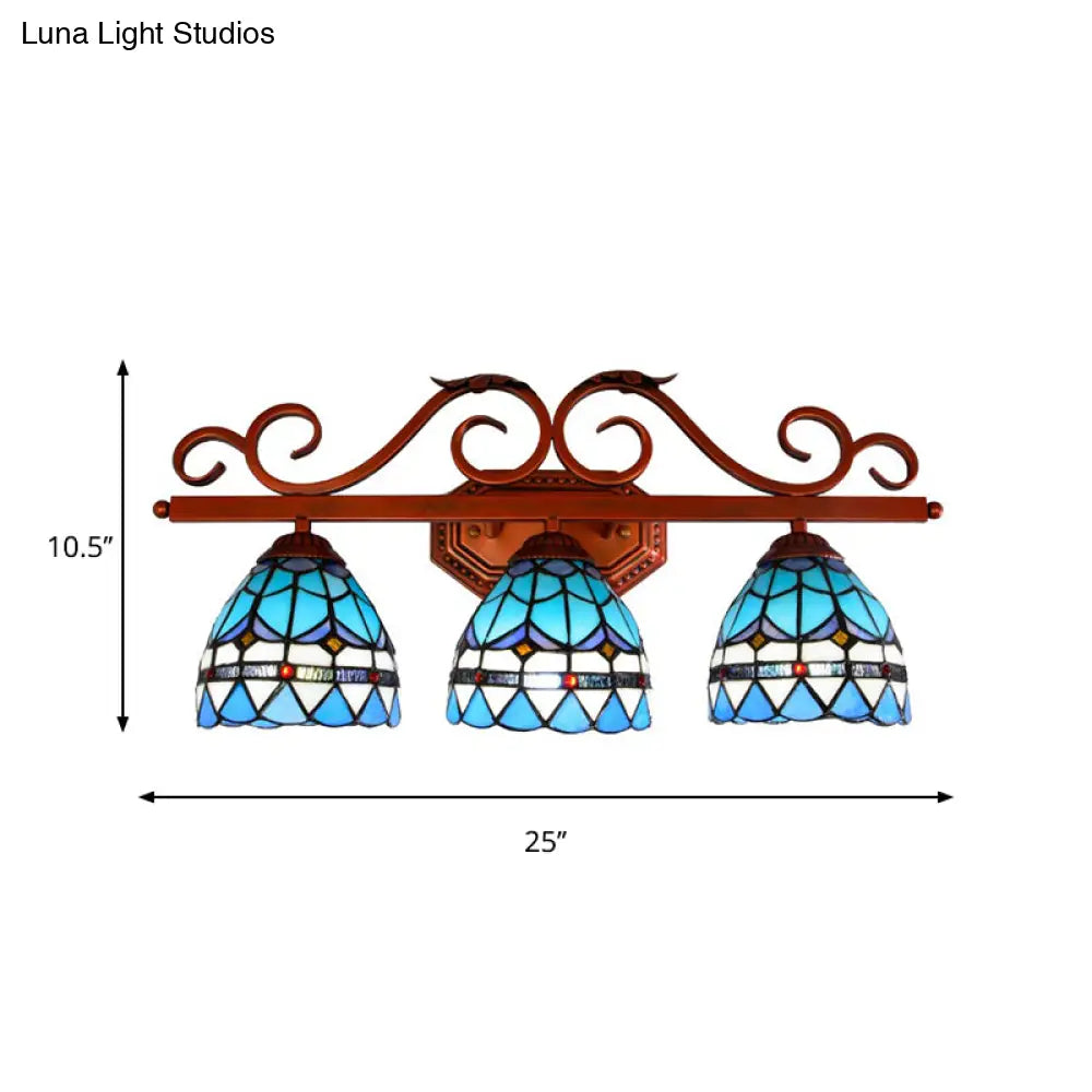 Blue Glass Bell Vanity Wall Light With Mediterranean Style And Copper Scroll Arm - 3 Bulbs Sconce