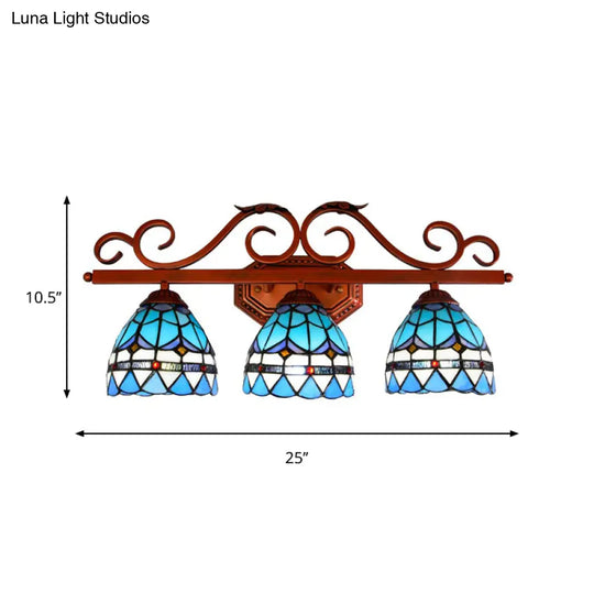 Blue Glass Bell Vanity Wall Light With Mediterranean Style And Copper Scroll Arm - 3 Bulbs Sconce