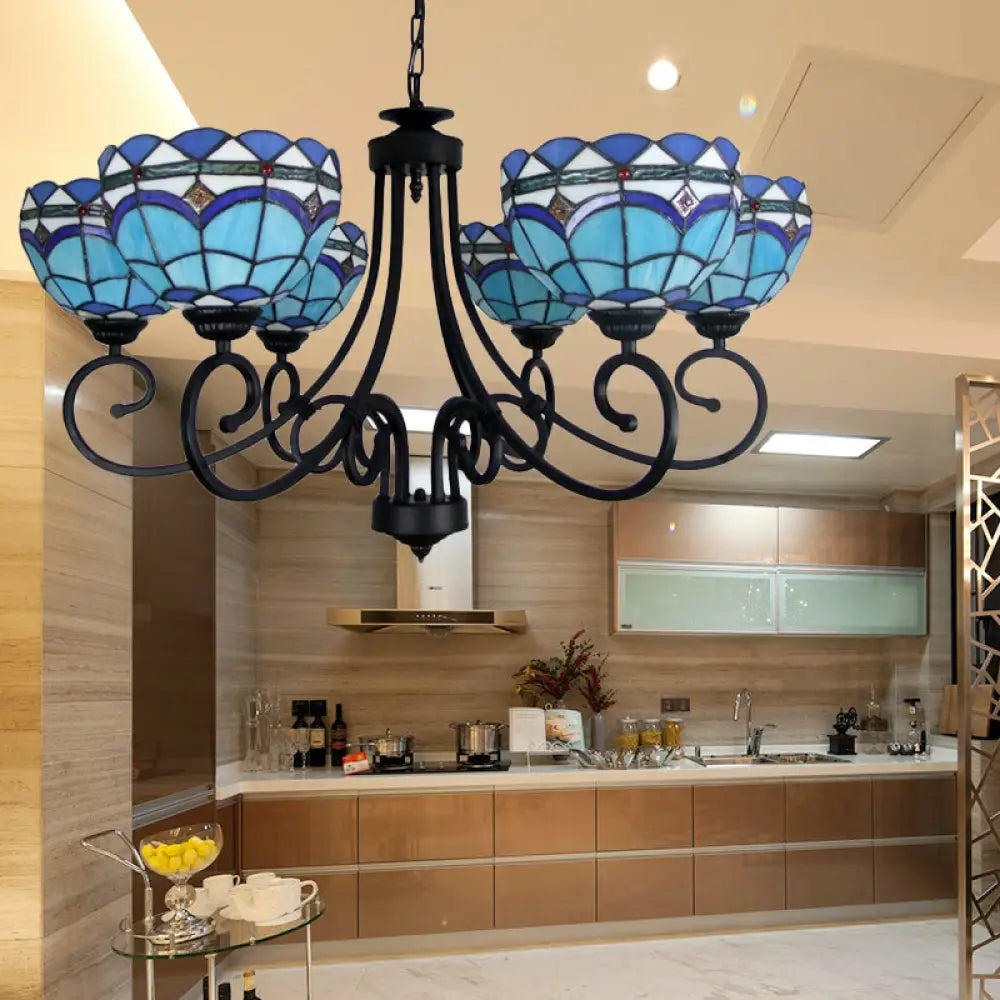 Blue Glass Bowl Chandelier - 6-Light Pendant Light With Metal Chain For Living Room Décor