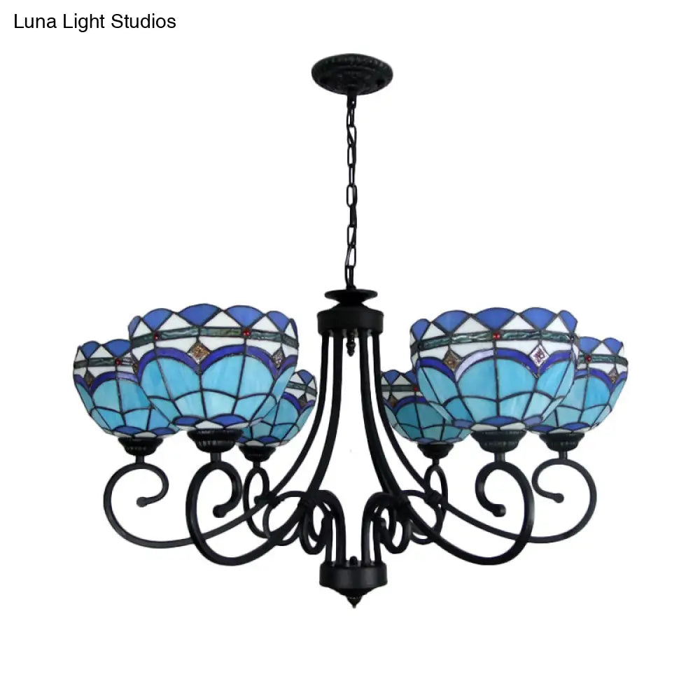 Blue Glass Bowl Chandelier - Baroque Pendant Light With 6 Lights & Metal Chain For Living Room