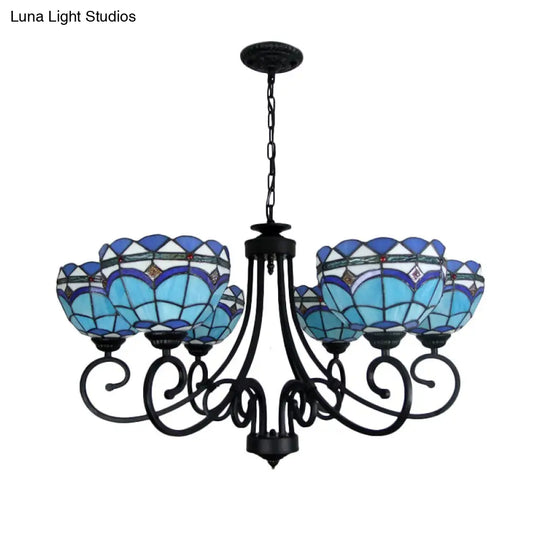 Blue Glass Bowl Chandelier - Baroque Pendant Light With 6 Lights & Metal Chain For Living Room