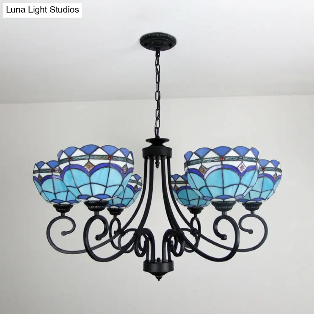 Blue Glass Bowl Chandelier - 6-Light Pendant Light With Metal Chain For Living Room Décor