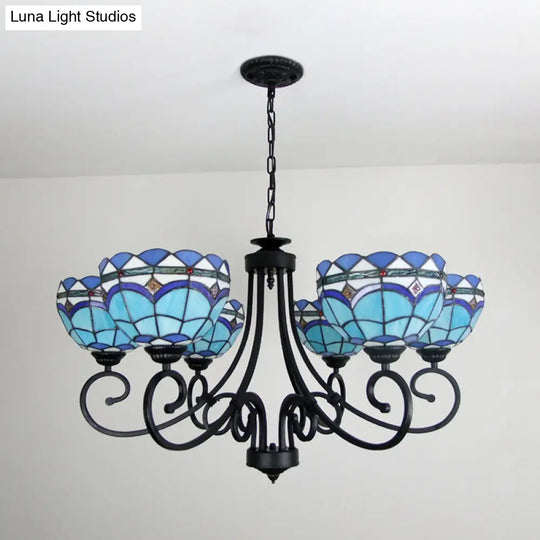 Blue Glass Bowl Chandelier - 6-Light Pendant Light With Metal Chain For Living Room Décor