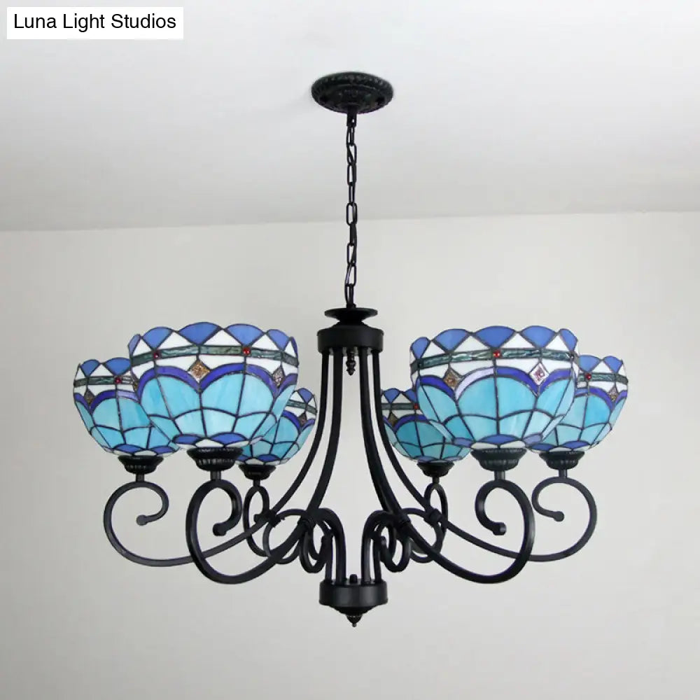 Blue Glass Bowl Chandelier - Baroque Pendant Light With 6 Lights & Metal Chain For Living Room