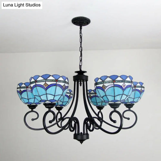 Blue Glass Bowl Chandelier - Baroque Pendant Light With 6 Lights & Metal Chain For Living Room