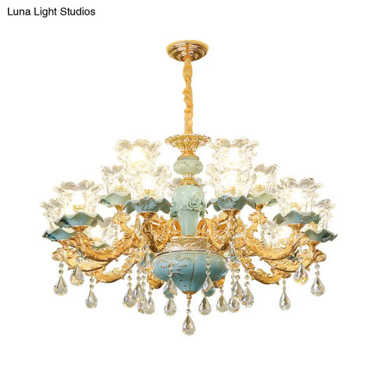 Blue Glass Chandelier Light Fixture With Crystal Accents For Traditional Flared Living Room Ceiling