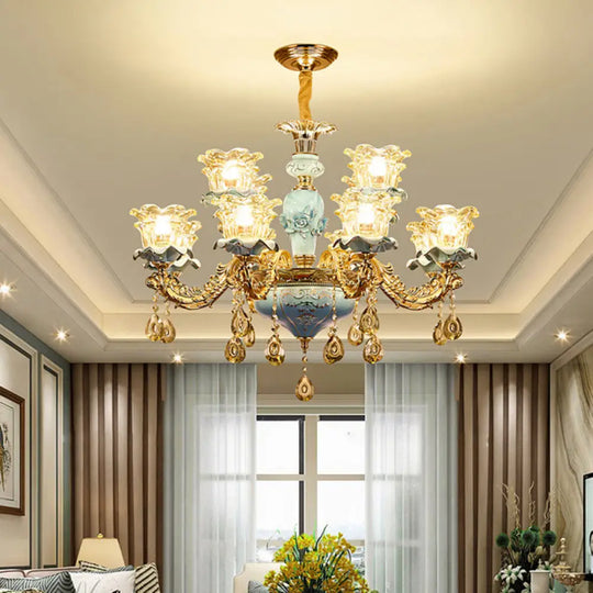 Blue Glass Chandelier Light Fixture With Crystal Accents For Traditional Flared Living Room Ceiling