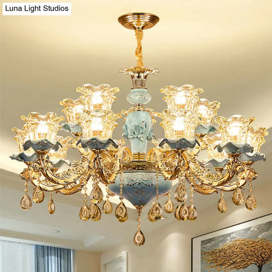 Blue Glass Chandelier Light Fixture With Crystal Accents For Traditional Flared Living Room Ceiling