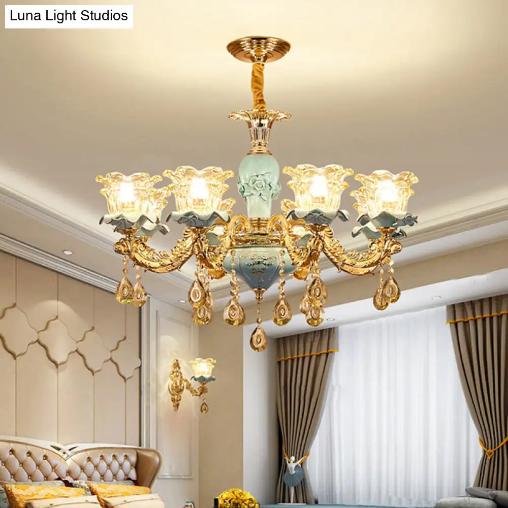 Blue Glass Chandelier Light Fixture With Crystal Accents For Traditional Flared Living Room Ceiling