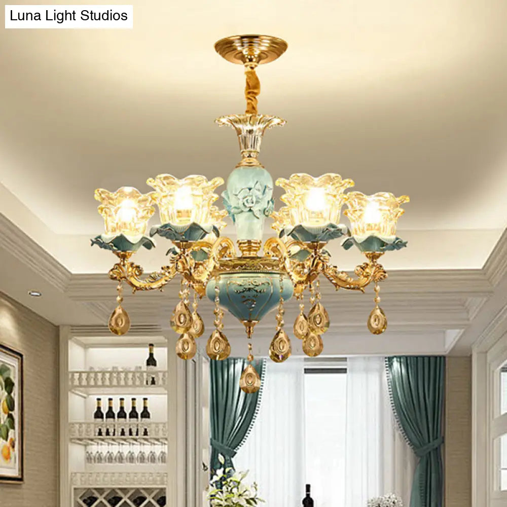 Blue Glass Chandelier Light Fixture With Crystal Accents For Traditional Flared Living Room Ceiling