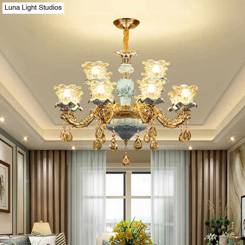 Blue Glass Chandelier Light Fixture With Crystal Accents For Traditional Flared Living Room Ceiling