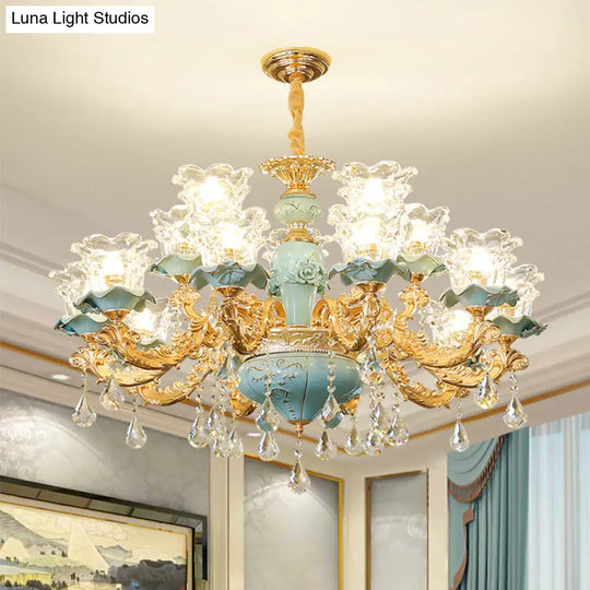 Blue Glass Chandelier Light Fixture With Crystal Accents For Traditional Flared Living Room Ceiling