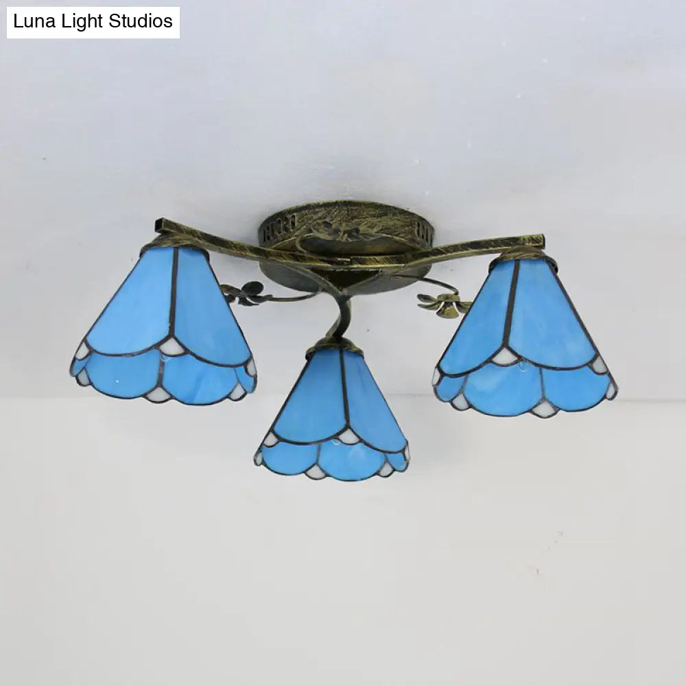 Blue Glass Cone Tiffany Style Semi Flush Ceiling Light With Flower Accents - Ideal For Living Room