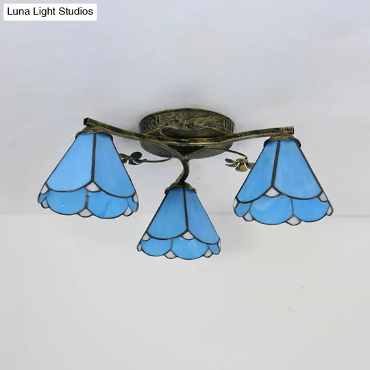 Blue Glass Cone Tiffany Style Semi Flush Ceiling Light With Flower Accents - Ideal For Living Room