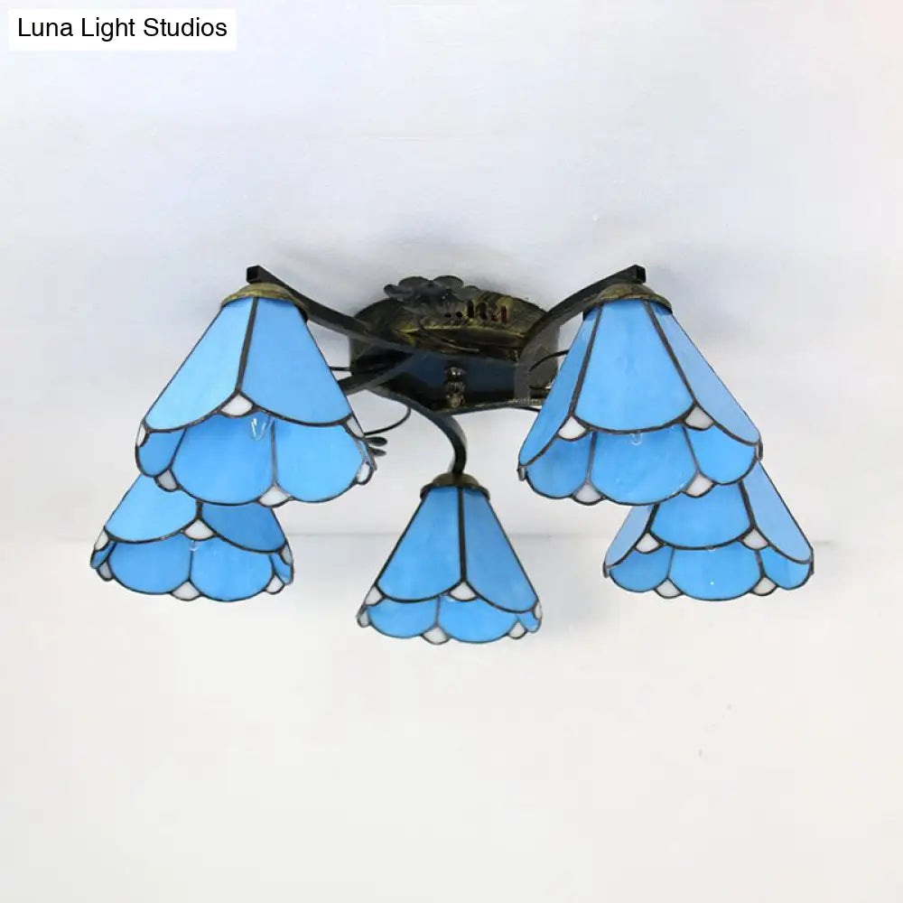 Blue Glass Cone Ceiling Light - Tiffany Style Semi Flush With Flower Design Ideal For Living Room