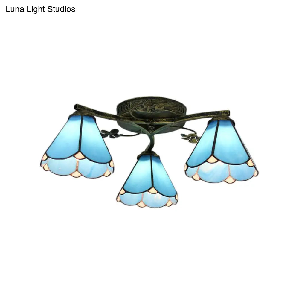 Blue Glass Cone Tiffany Style Semi Flush Ceiling Light With Flower Accents - Ideal For Living Room