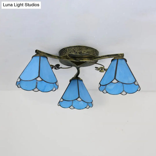 Blue Glass Cone Ceiling Light - Tiffany Style Semi Flush With Flower Design Ideal For Living Room