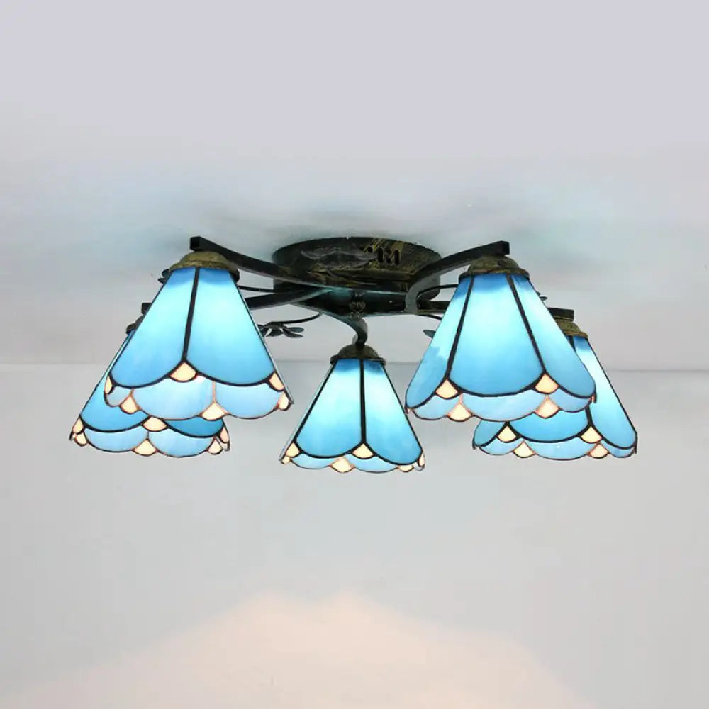 Blue Glass Cone Ceiling Light - Tiffany Style Semi Flush With Flower Design Ideal For Living Room