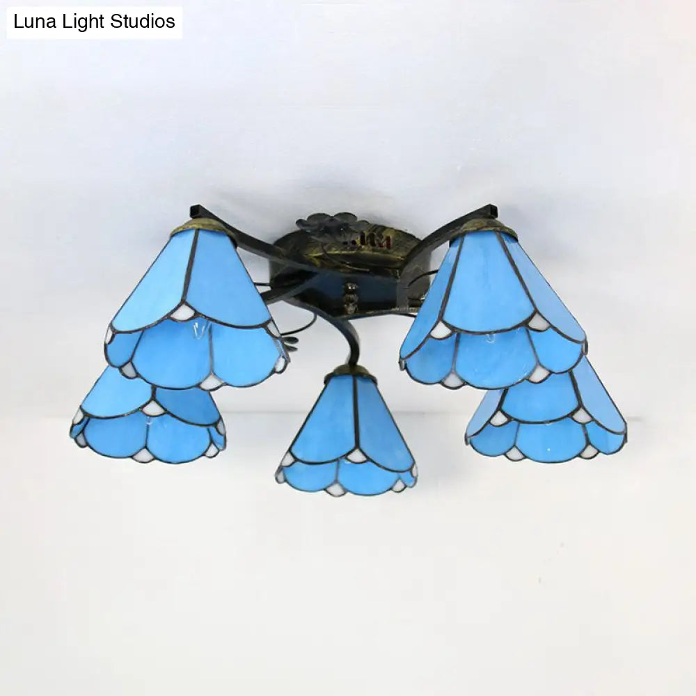 Blue Glass Cone Tiffany Style Semi Flush Ceiling Light With Flower Accents - Ideal For Living Room