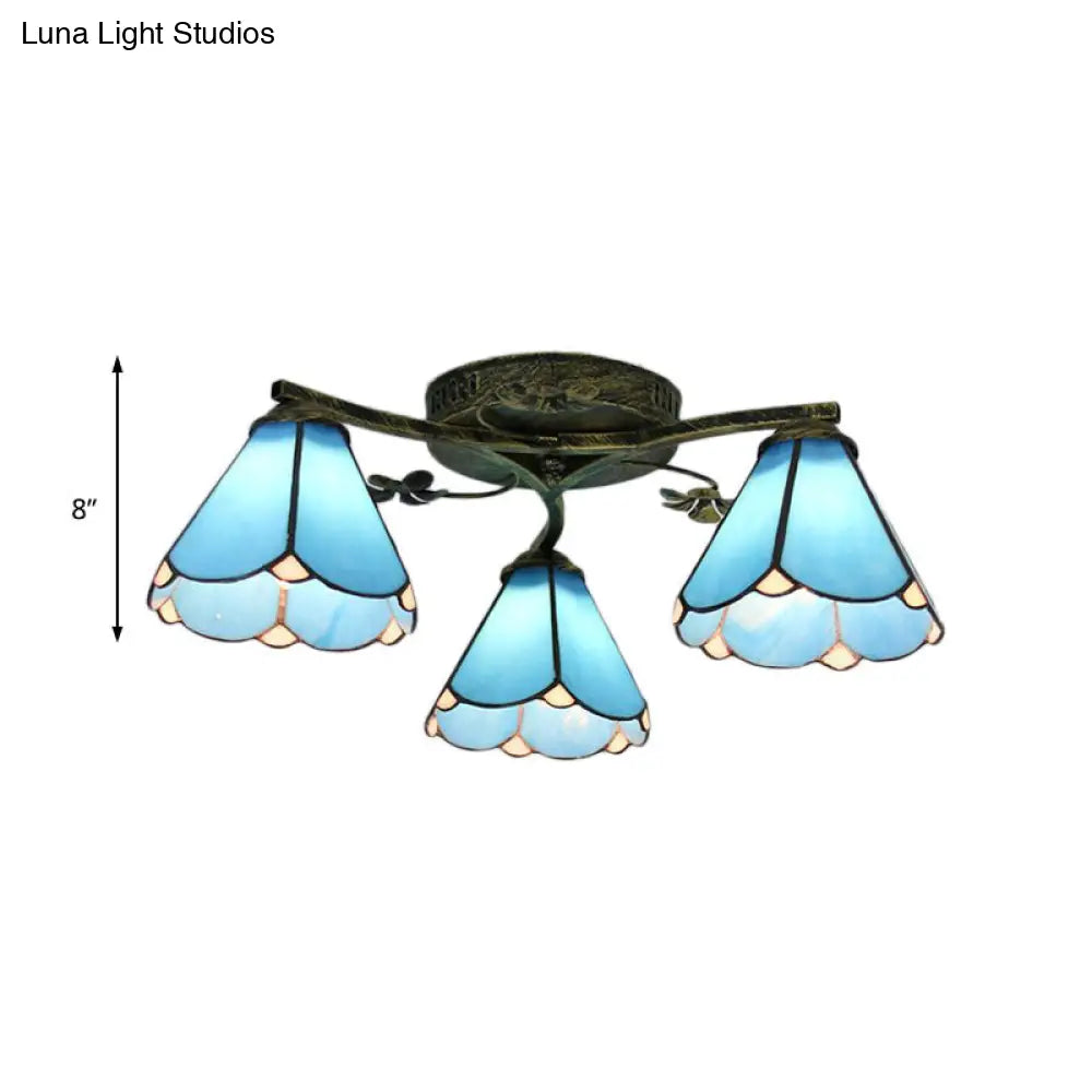 Blue Glass Cone Tiffany Style Semi Flush Ceiling Light With Flower Accents - Ideal For Living Room