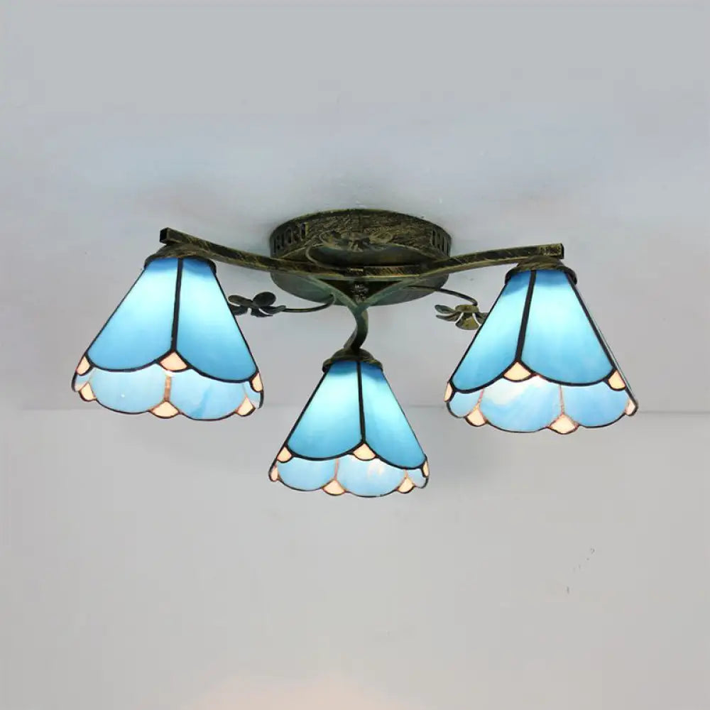 Blue Glass Cone Ceiling Light - Tiffany Style Semi Flush With Flower Design Ideal For Living Room