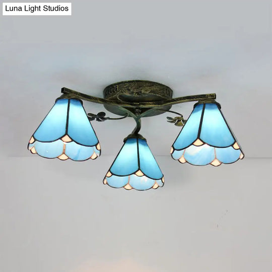 Blue Glass Cone Tiffany Style Semi Flush Ceiling Light With Flower Accents - Ideal For Living Room