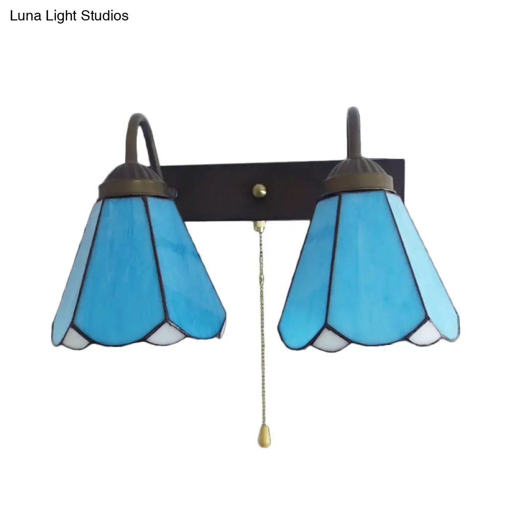 Blue Glass Cone Wall Mounted Light - Mediterranean Style 2-Headed Black Sconce Fixture With Pull