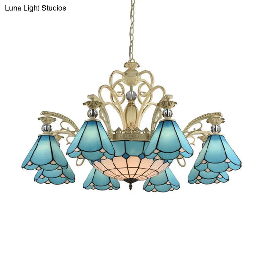 Blue Glass Chandelier Light Baroque Conical Suspension Fixture - Ideal For Kitchen