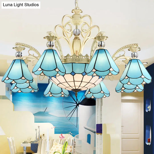 Blue Glass Chandelier Light Baroque Conical Suspension Fixture - Ideal For Kitchen