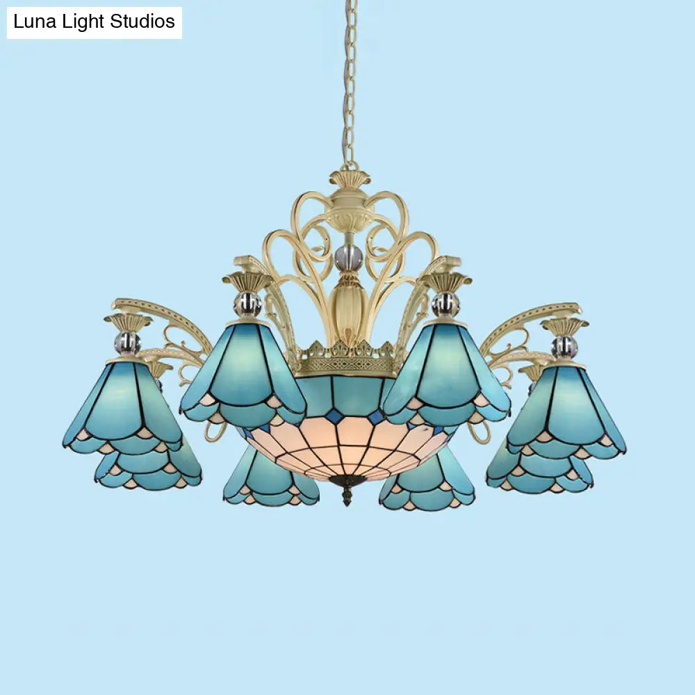 Blue Glass Chandelier Light Baroque Conical Suspension Fixture - Ideal For Kitchen