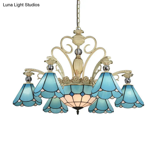 Blue Glass Chandelier Light Baroque Conical Suspension Fixture - Ideal For Kitchen