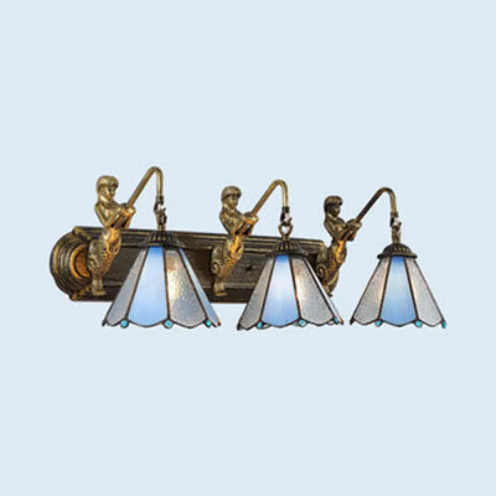 Blue Glass Conical Wall Sconce Light Fixture - Tiffany Style With 3 Lights And Aged Brass Elegant