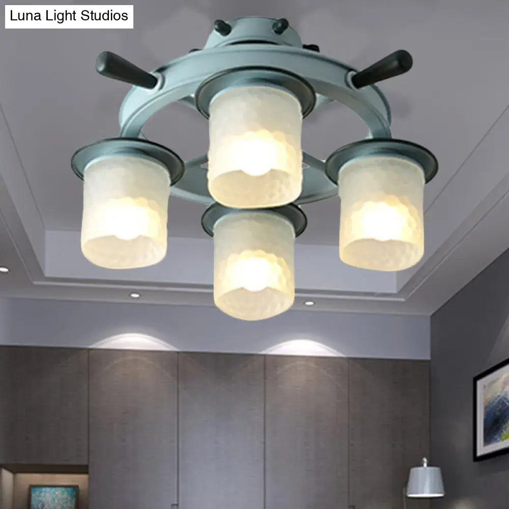 Blue Glass Cylinder Ceiling Lamp - Nautical Style Flush Mount Light For Hallway (4 Lights)