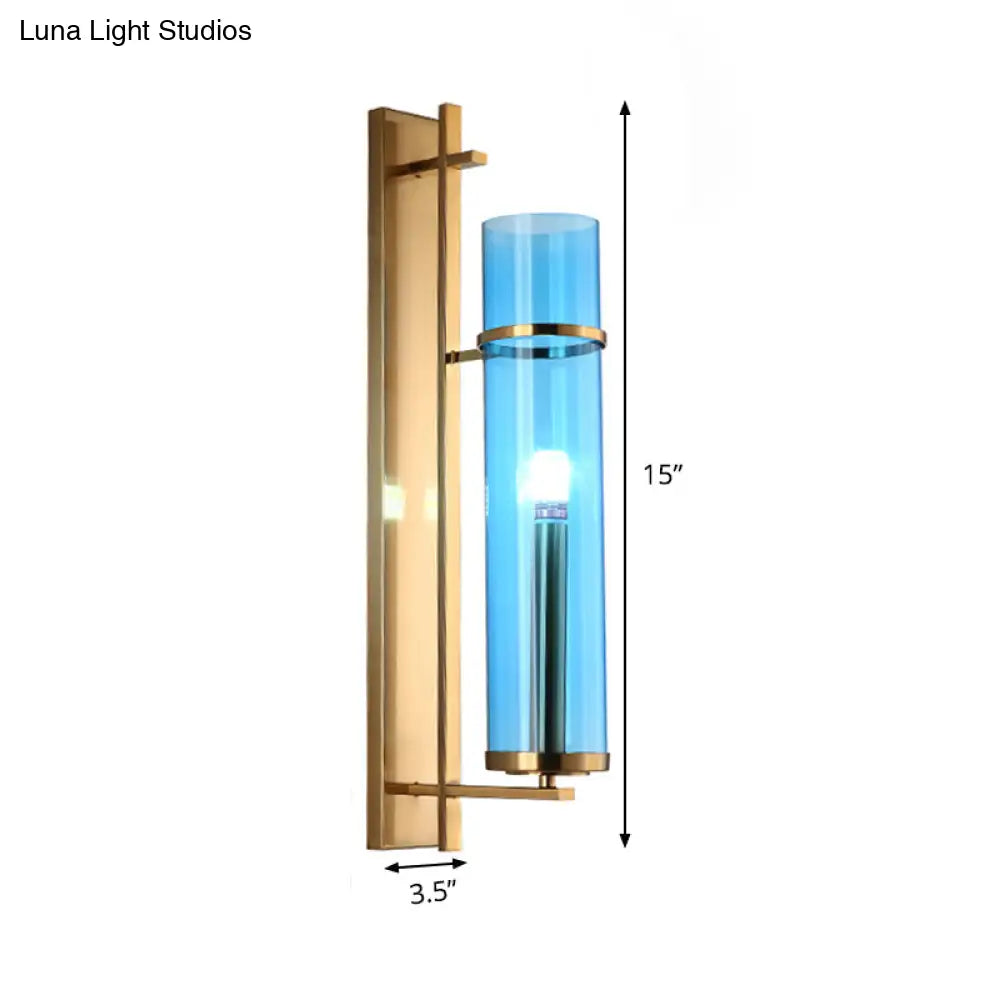 Blue Glass Cylinder Living Room Sconce - Modern Wall Mount Light Fixture