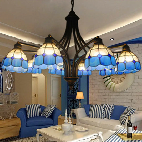 Blue Glass Dome Chandelier: Mediterranean Style Pendant Lighting For Dining Table - 8 Lights