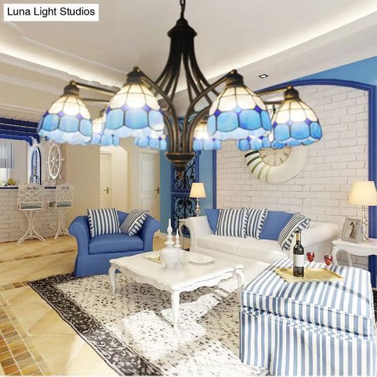 Blue Glass Dome Chandelier: Mediterranean Style Pendant Lighting For Dining Table - 8 Lights